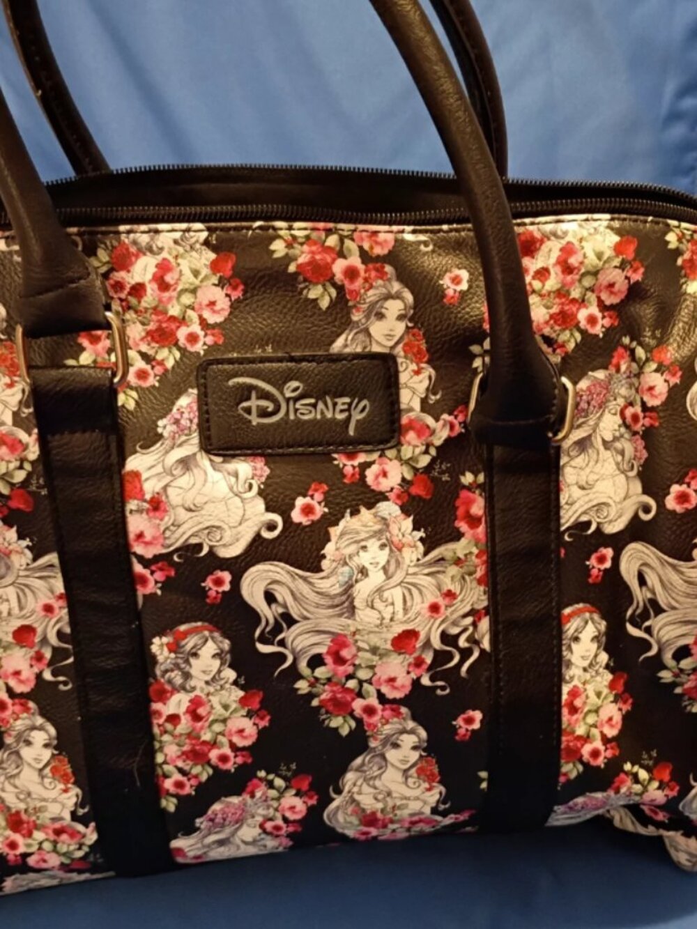Disney Princess Floral Satchel Handbag Purse Black Pink Flowers Rapunzel Ariel
